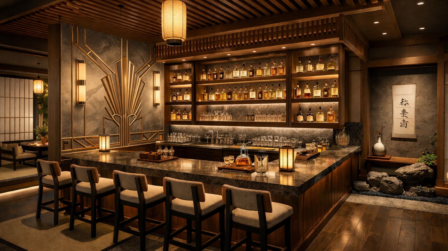 Illustrative concept visual of a Japanese whisky bar